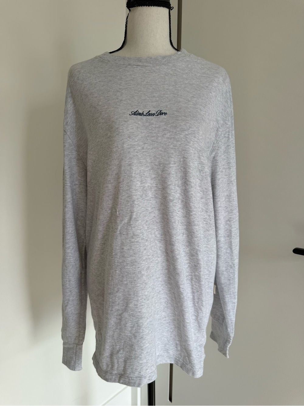 Aime Leon Dore Gray Sweatshirt with Cream Label and Gold Text